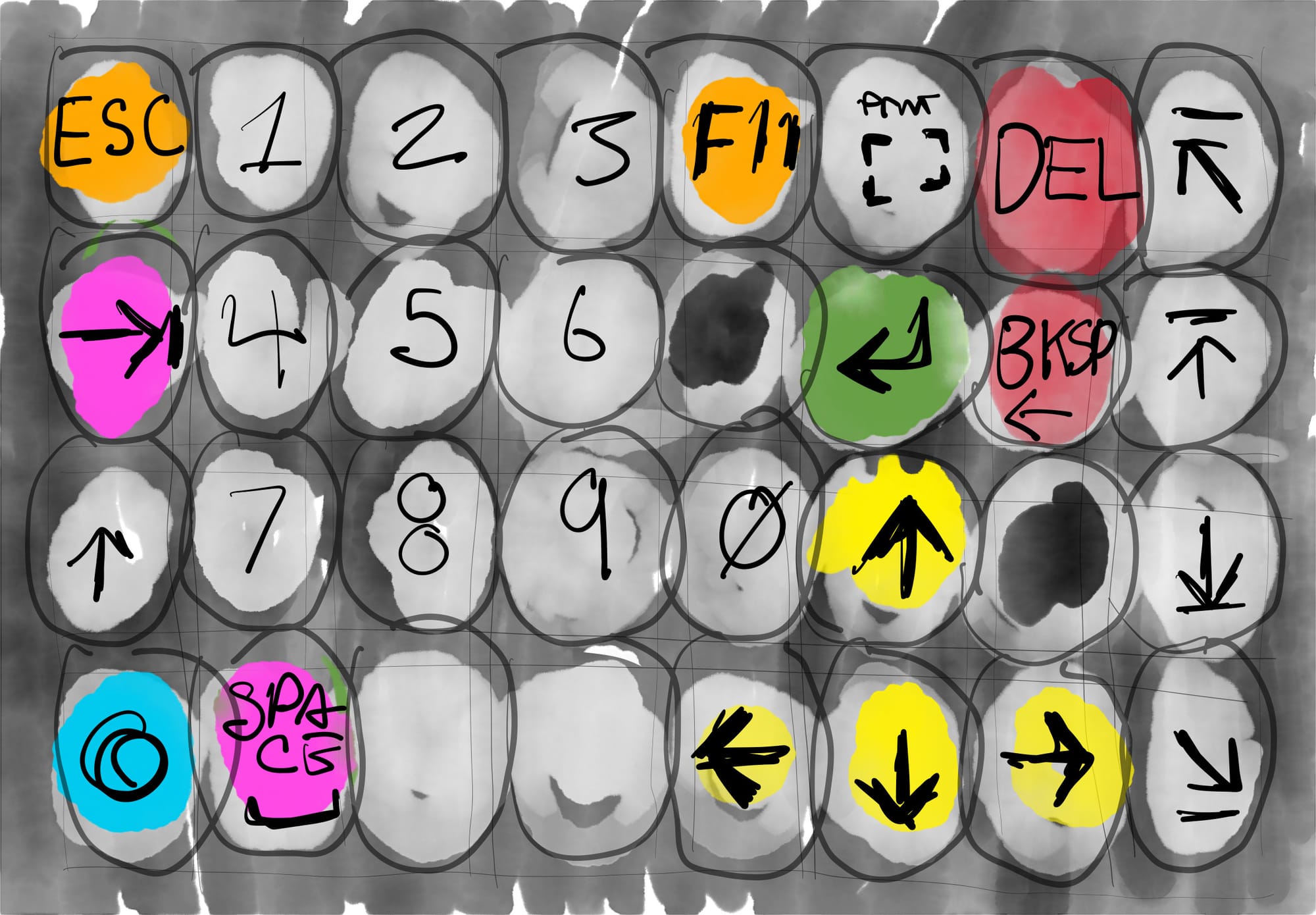 A rough sketch of an 8 x 4 grid of keys labeled with function and navigation buttons.