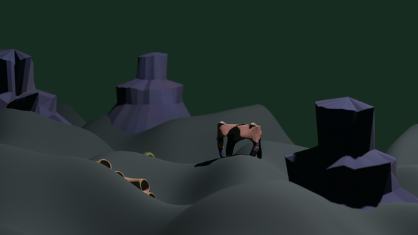 Simple 3d render of an alien creature standing amidst a spare landscape.